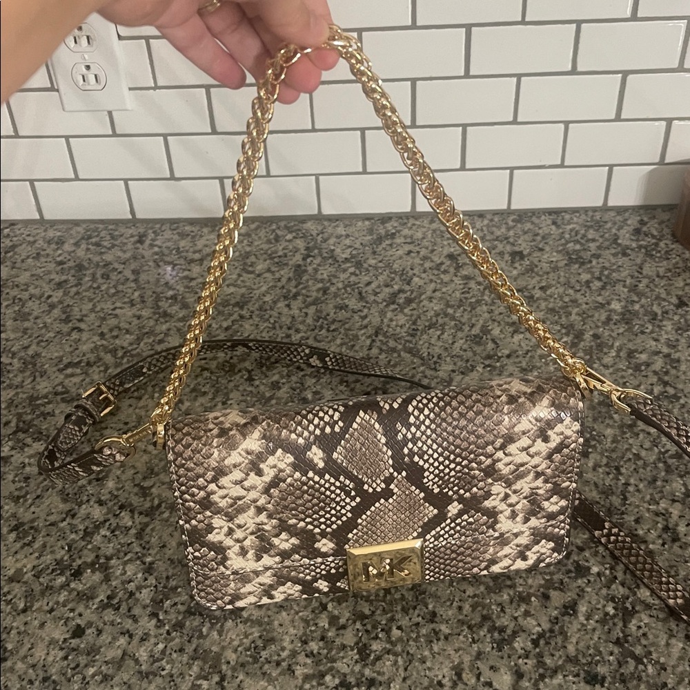 Michael Kors Snakeskin-Print Clutch with Gold MK Lock - Picture 2 of 10